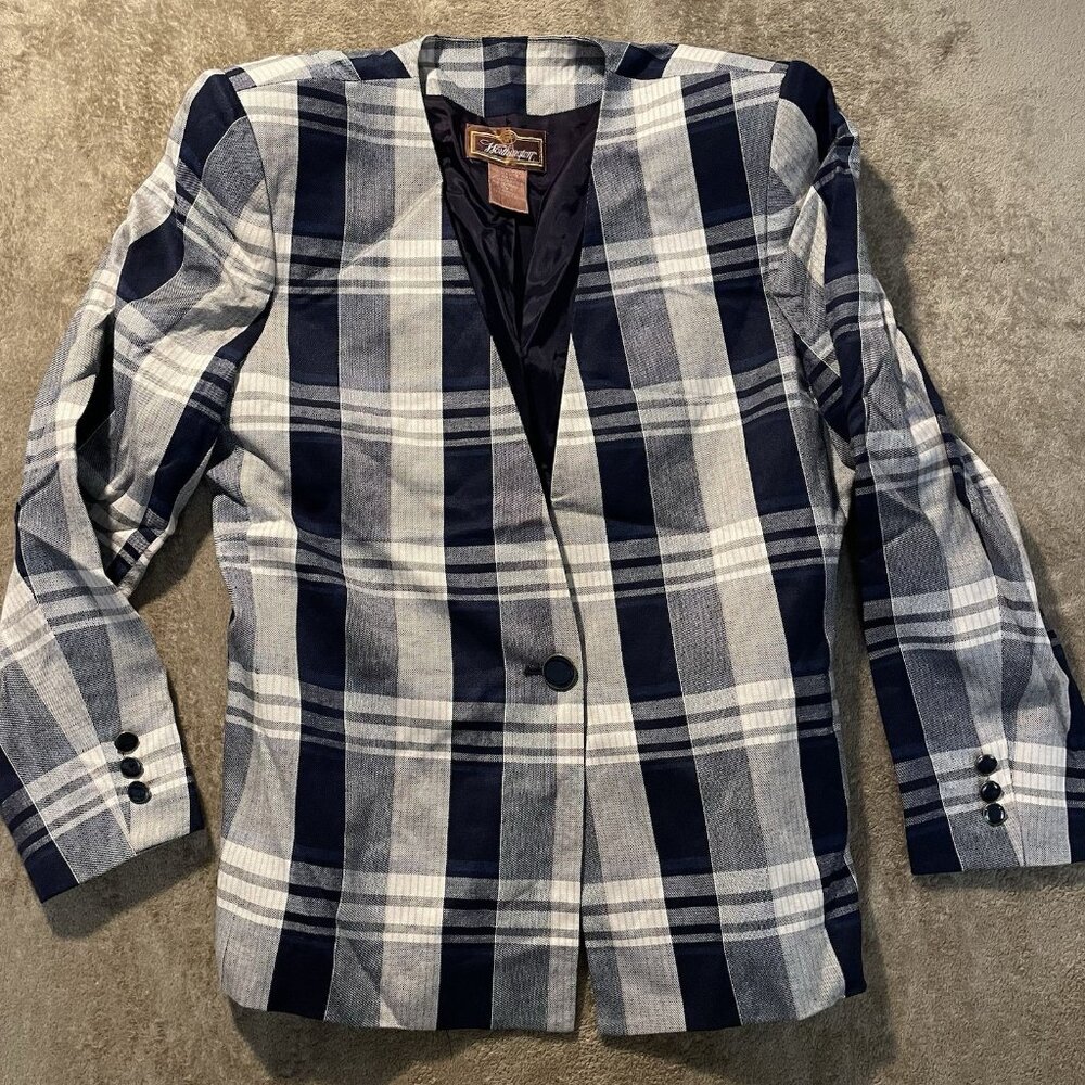 Worthington Blazer Womens 14 Plus Linen Blue White Plaid Jacket One Button Pads